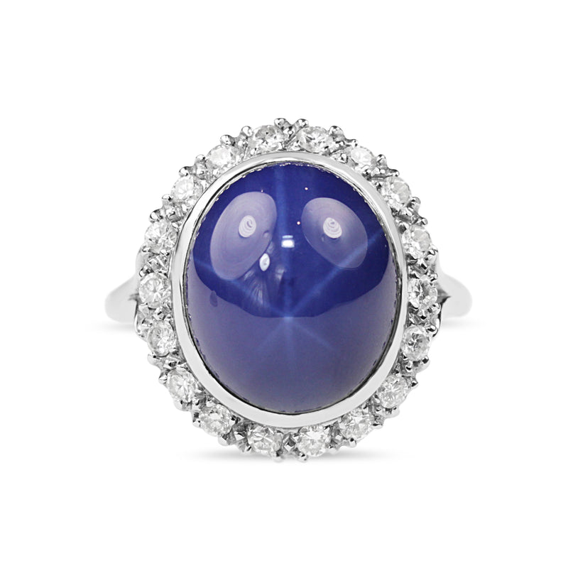 14ct White Gold Synthetic Star Sapphire and Diamond Halo Ring