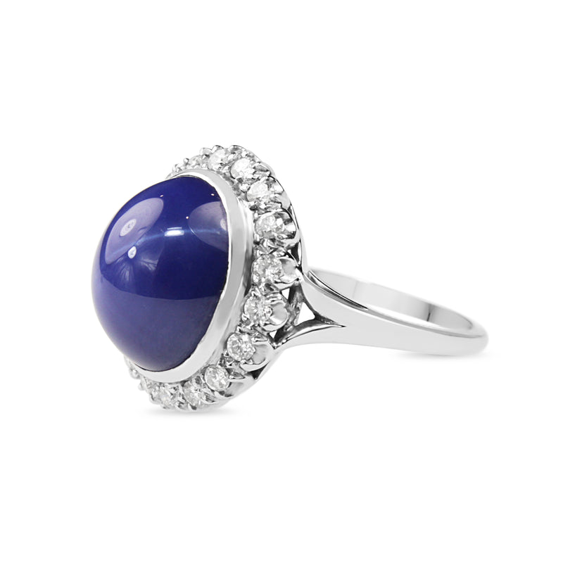 14ct White Gold Synthetic Star Sapphire and Diamond Halo Ring