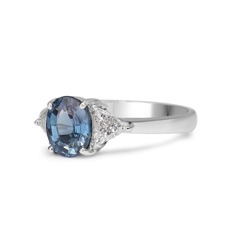 Platinum Sapphire and Diamond Trillion 3 Stone Ring