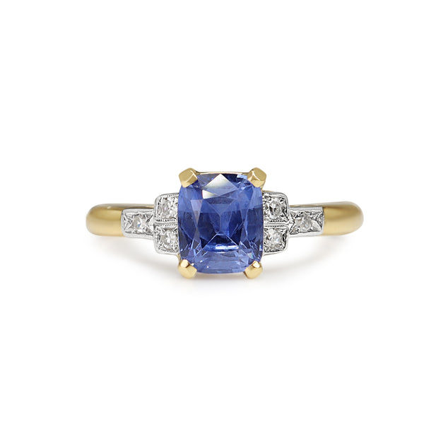 18ct Yellow Gold and Palladium Sapphire and Single Cut Diamond Vintage Ring