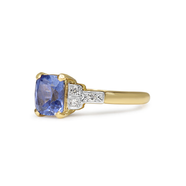 18ct Yellow Gold and Palladium Sapphire and Single Cut Diamond Vintage Ring