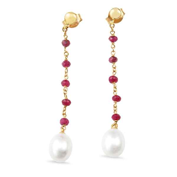 18ct Yellow Gold Ruby and Fresh Water Pearl Drop Earrings