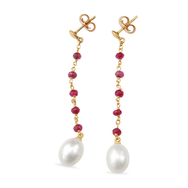 18ct Yellow Gold Ruby and Fresh Water Pearl Drop Earrings