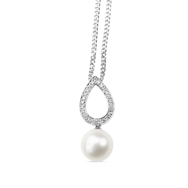 9ct White Gold Tear Drop Diamond and Fresh Water Pearl Necklace