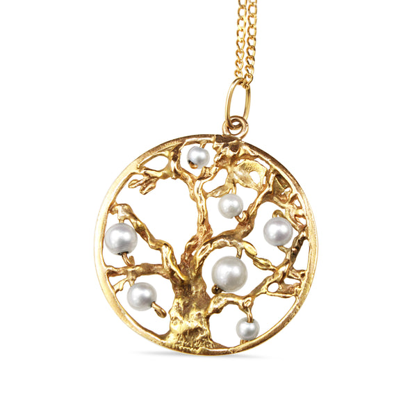 14ct Yellow Gold Tree Of Life Necklace with Fresh Water Pearls