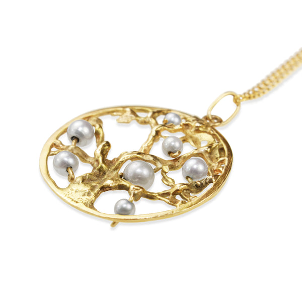 14ct Yellow Gold Tree Of Life Necklace with Fresh Water Pearls