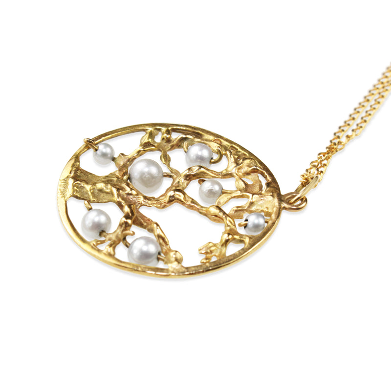 14ct Yellow Gold Tree Of Life Necklace with Fresh Water Pearls