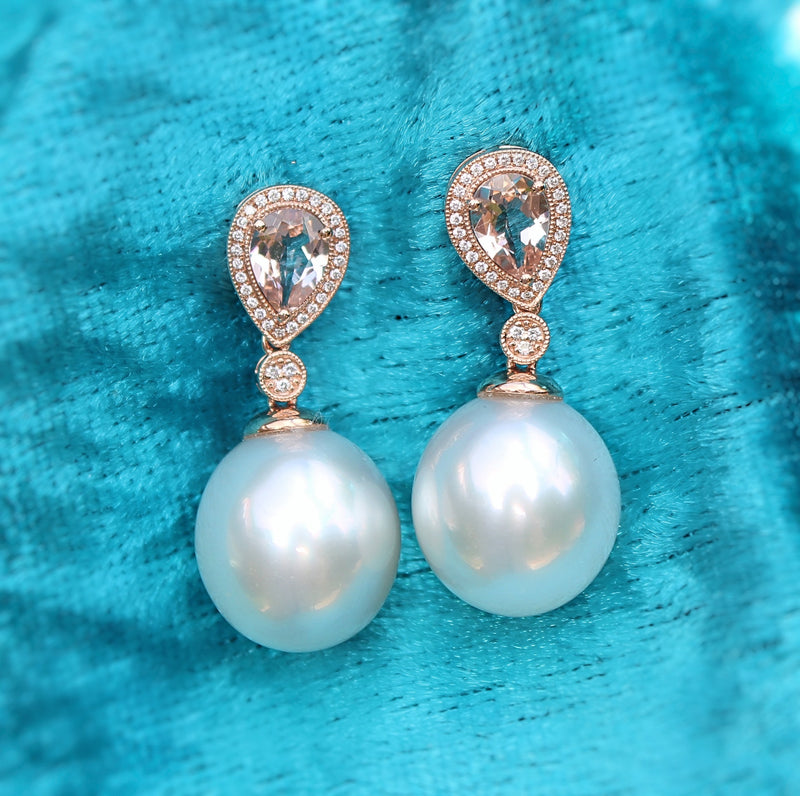 18ct Rose Gold 13.5mm South Sea Pearl, Morganite and Diamond Drop Earrings