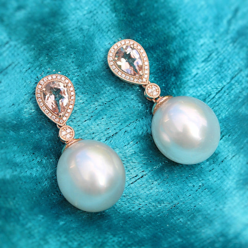 18ct Rose Gold 13.5mm South Sea Pearl, Morganite and Diamond Drop Earrings