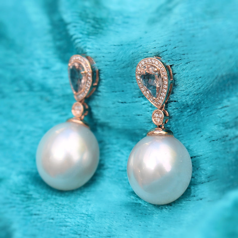 18ct Rose Gold 13.5mm South Sea Pearl, Morganite and Diamond Drop Earrings