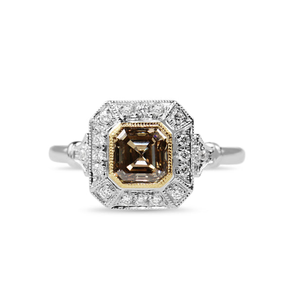 18ct White and Yellow Gold Deco Style Champagne Diamond Halo Ring