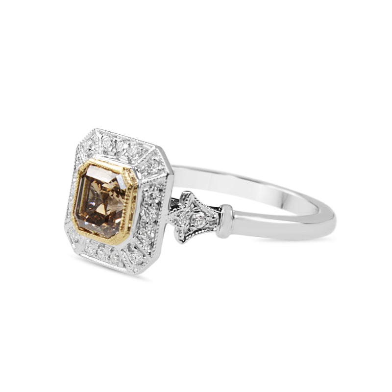 18ct White and Yellow Gold Deco Style Champagne Diamond Halo Ring