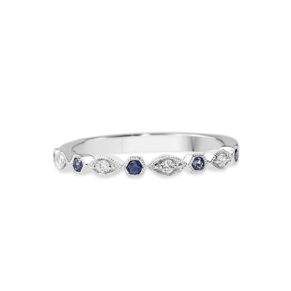 18ct White Gold Sapphire and Diamond Vintage Style Half Hoop Band Ring