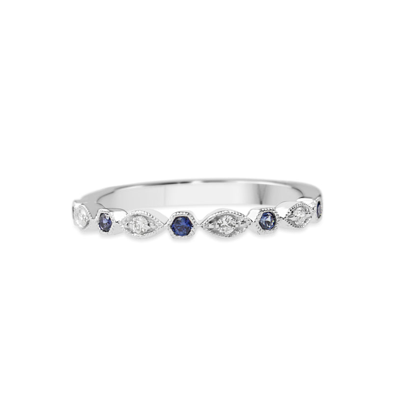 18ct White Gold Sapphire and Diamond Vintage Style Half Hoop Band Ring