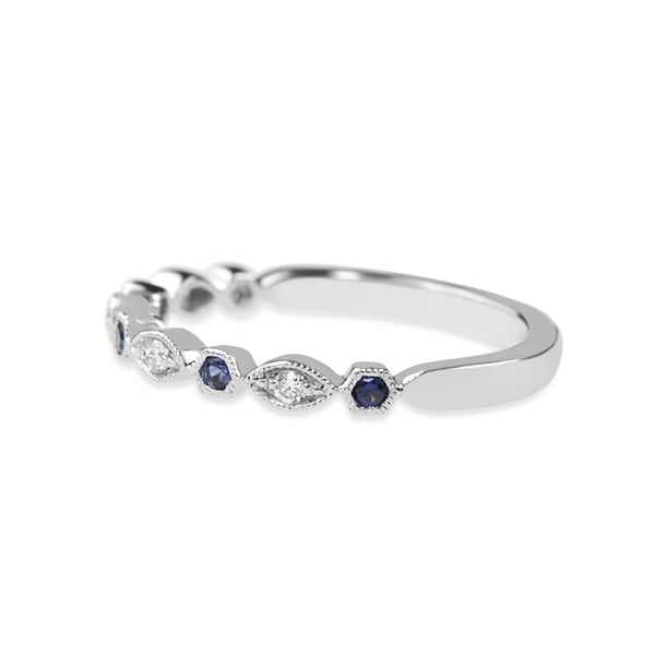 18ct White Gold Sapphire and Diamond Vintage Style Half Hoop Band Ring