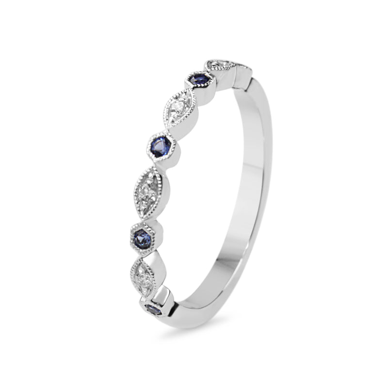18ct White Gold Sapphire and Diamond Vintage Style Half Hoop Band Ring