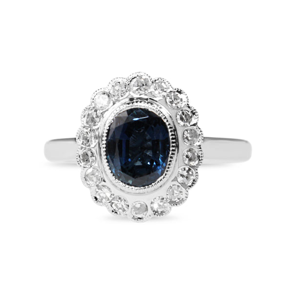 18ct White Gold Sapphire and Single Cut Diamond Daisy Style Halo Ring