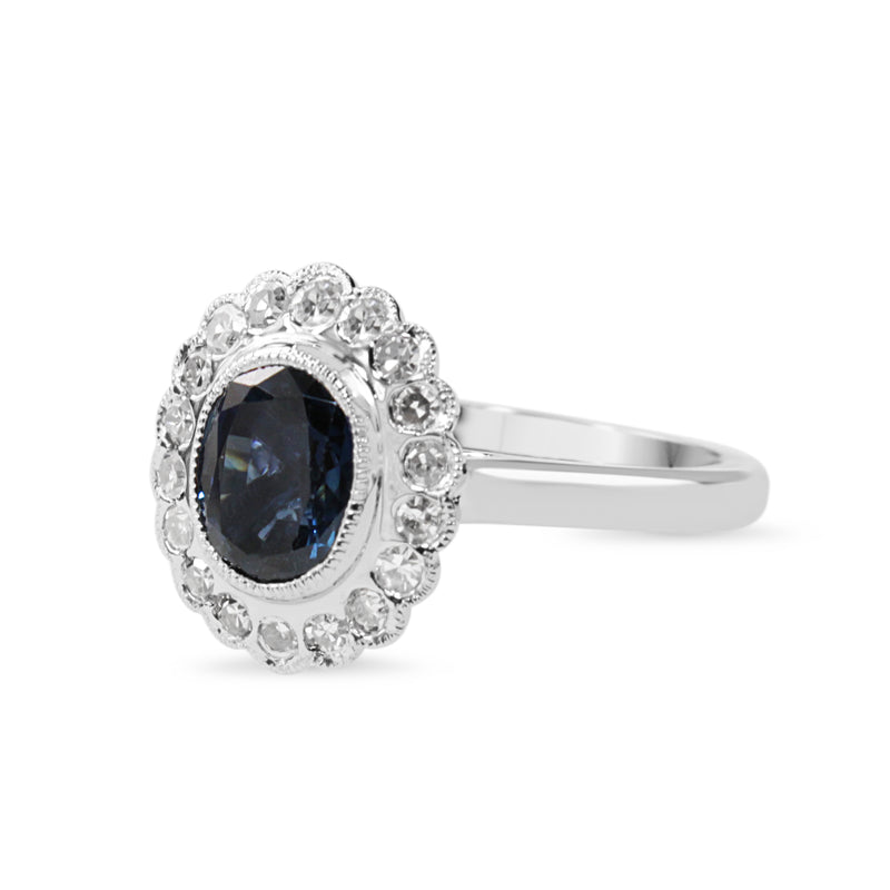 18ct White Gold Sapphire and Single Cut Diamond Daisy Style Halo Ring