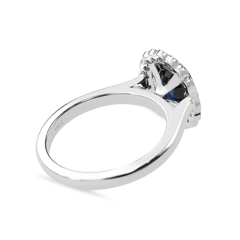 18ct White Gold Sapphire and Single Cut Diamond Daisy Style Halo Ring