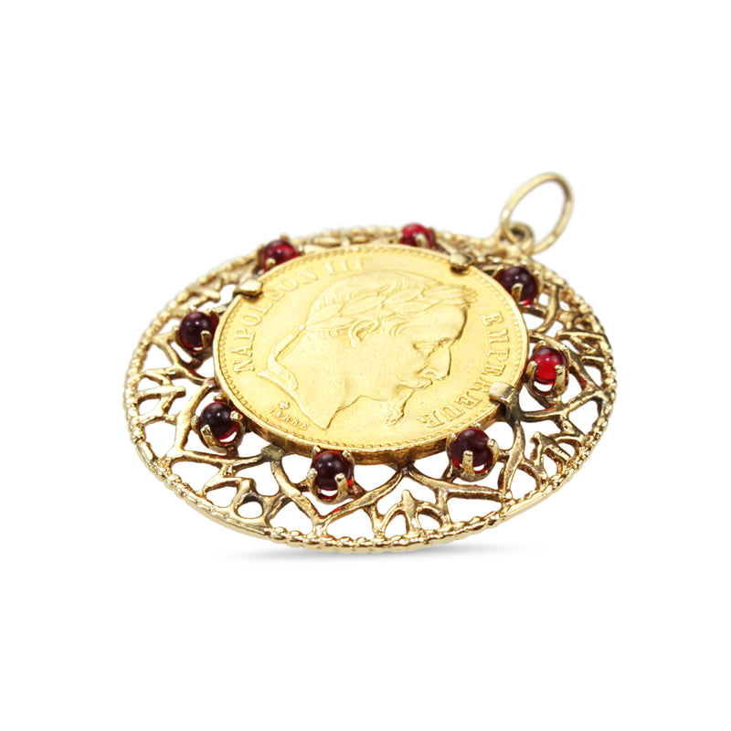 22ct French Sovereign from 1863 in 14ct Yellow Gold Pendant Case with Garnets