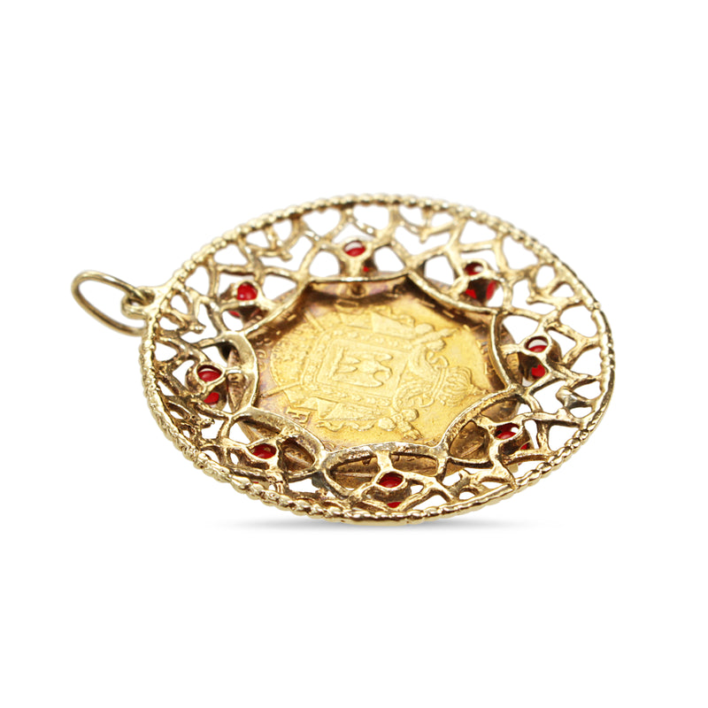 22ct French Sovereign from 1863 in 14ct Yellow Gold Pendant Case with Garnets