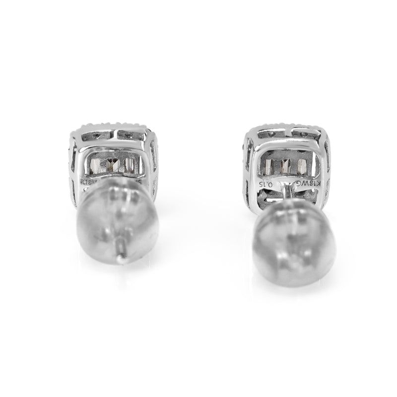 18ct White Gold Baguette and Round Diamond Halo Cluster Stud Earrings