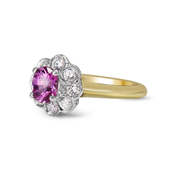 18ct Yellow and White Gold Pink Sapphire and Diamond Daisy Ring