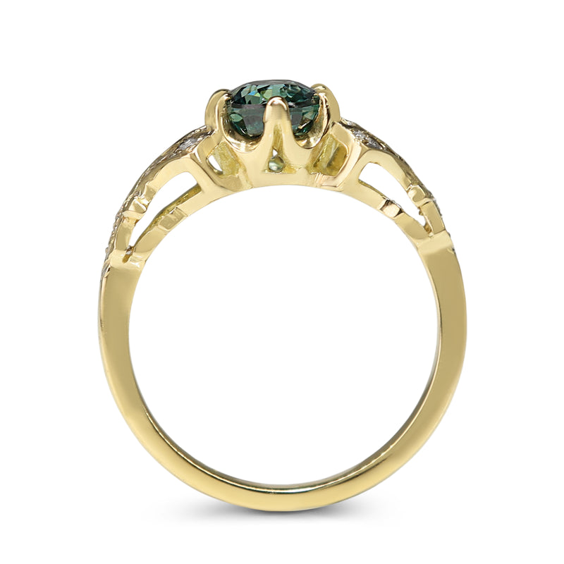 18ct Yellow Gold Teal Sapphire and Diamond Vintage Style Ring