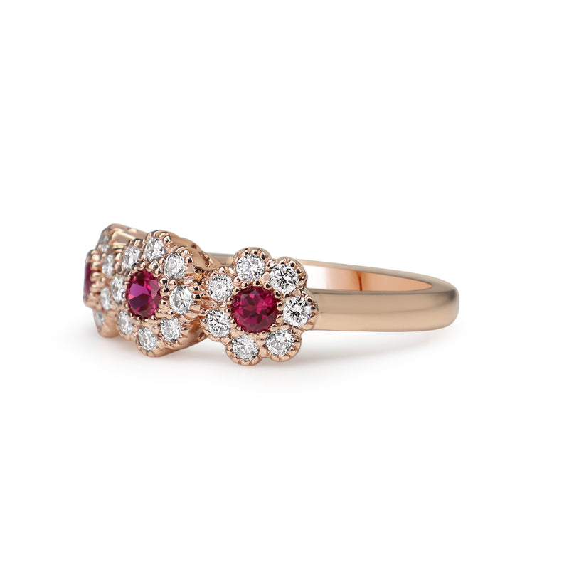 18ct Rose Gold Ruby and Diamond Triple Daisy Ring