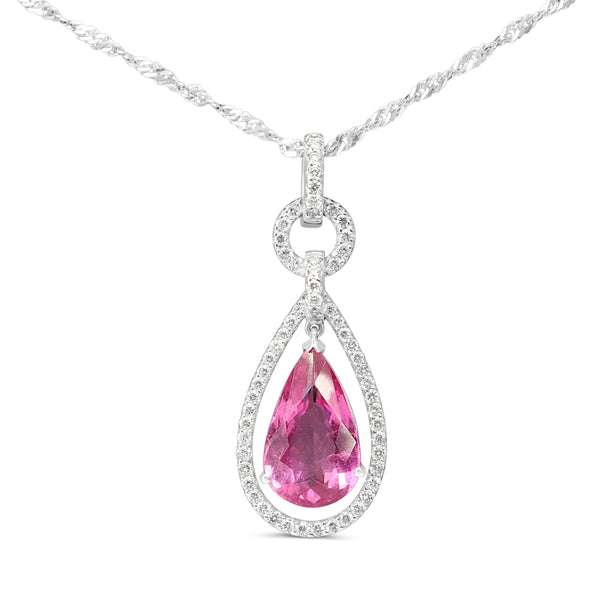18ct White Gold Pink Tourmaline and Diamond Drop Halo Necklace