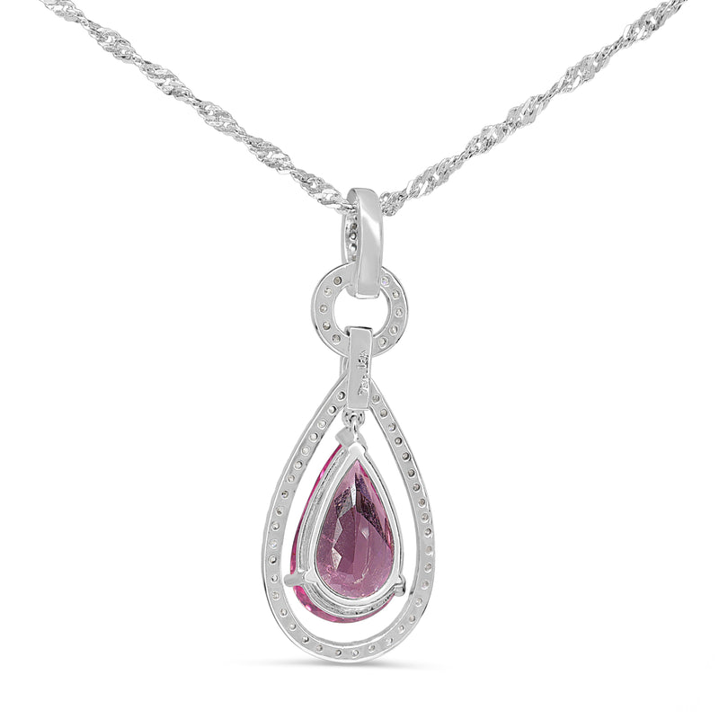 18ct White Gold Pink Tourmaline and Diamond Drop Halo Necklace