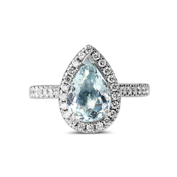 18ct White Gold Pear Aquamarine Halo Diamond Ring