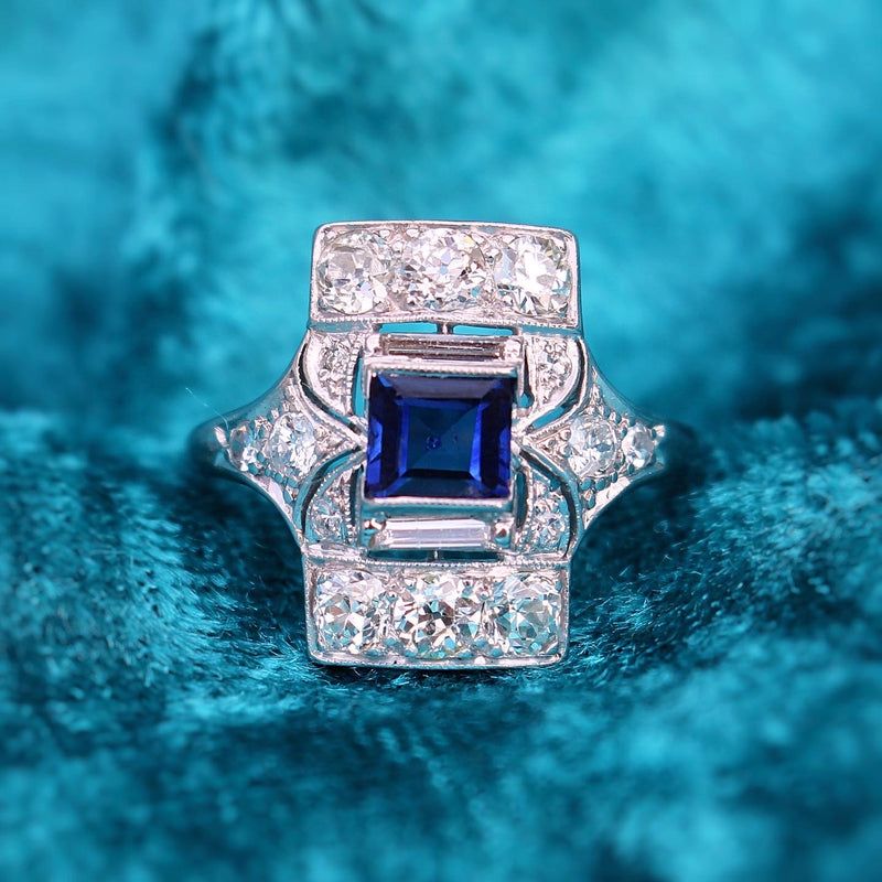 PLatinum Art Deco Sapphire and Old Cut Diamond Ring