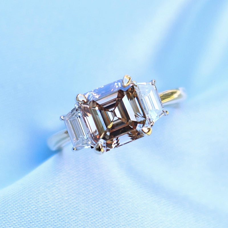18ct Yellow and White Gold Asscher Champagne Diamond 3 Stone Ring