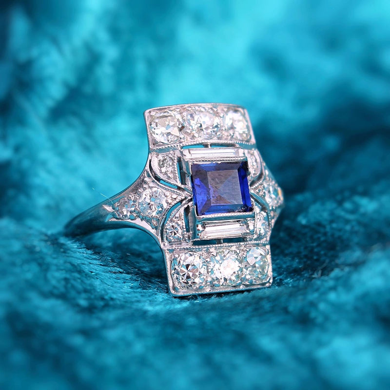 PLatinum Art Deco Sapphire and Old Cut Diamond Ring