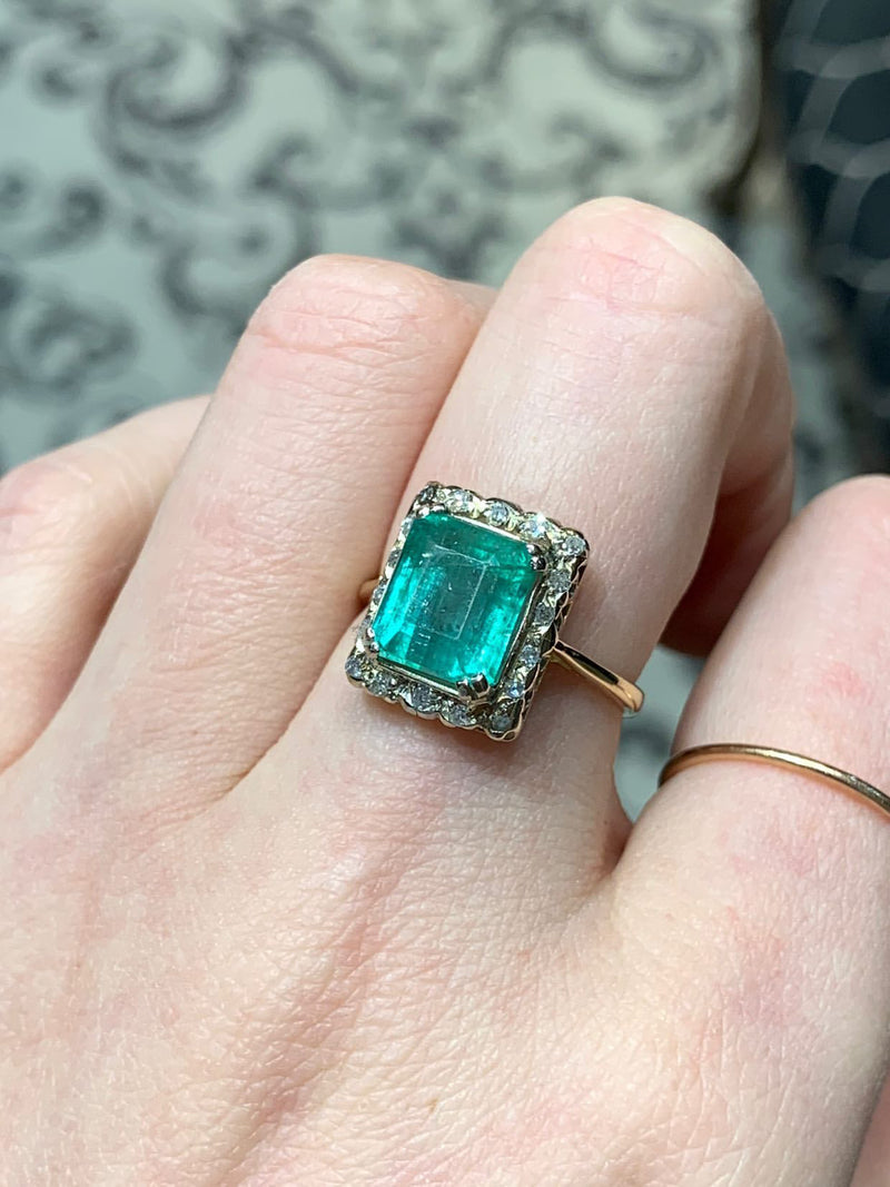 18ct Yellow and White Gold Emerald and Single Cut Diamond Vintage Ring