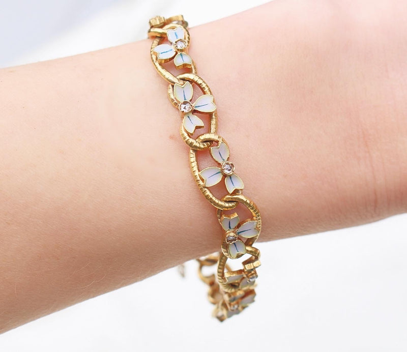 18ct Yellow Gold Antique French Enamel and Rose Cut Diamond Bracelet