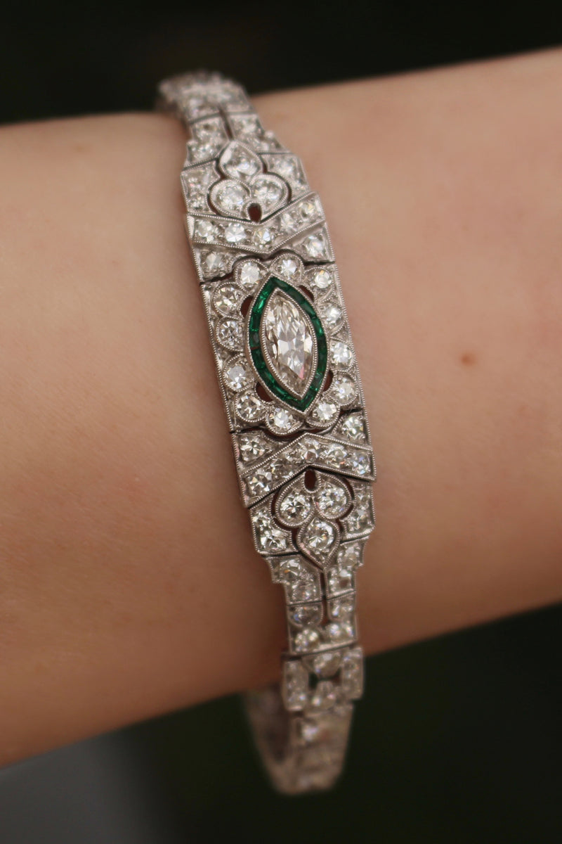 Platinum Art Deco Emerald and Diamond Bracelet