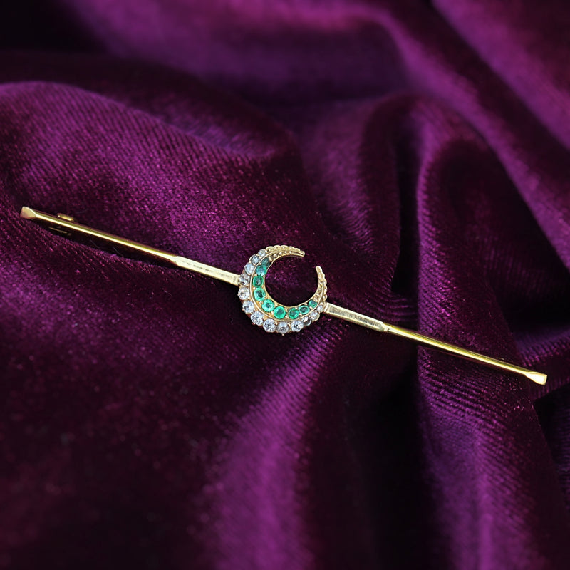 18ct Yellow Gold Antique Emerald and Old Cut Diamond Crescent Brooch