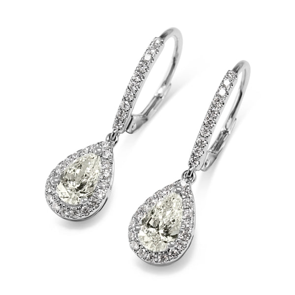 18ct White Gold Pear Halo Drop Earrings
