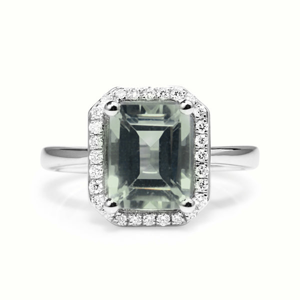 9ct White Gold Green Amethyst and Diamond Halo Ring