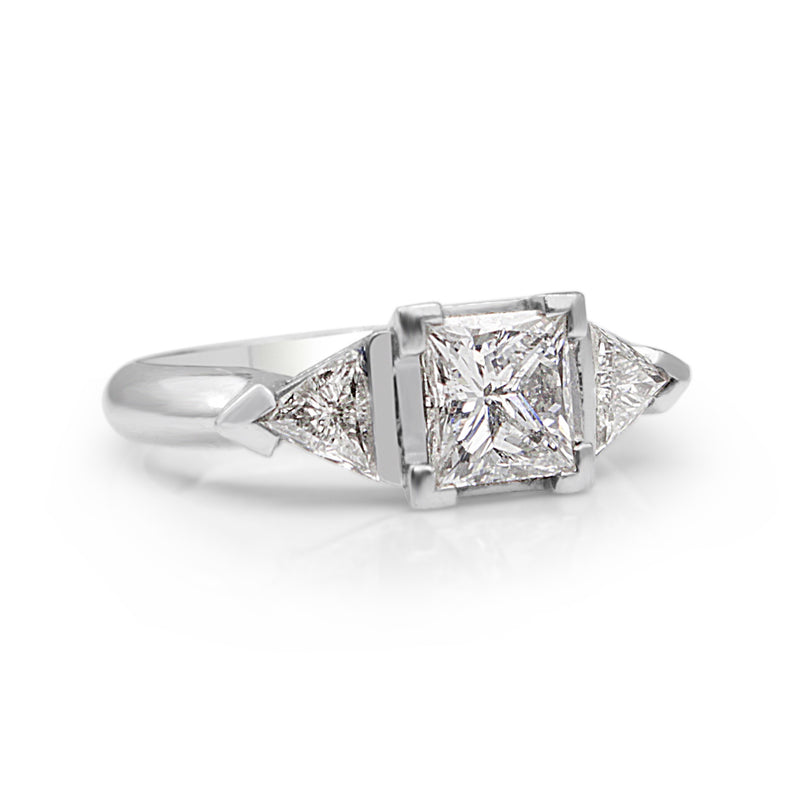 18ct White Gold Princess and Trillion Diamond 3 Stone Ring