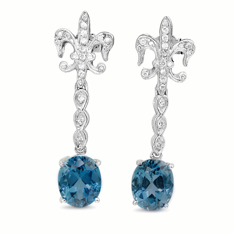 Palladium Vintage London Blue Topaz and Diamond Fleur De Lis Earrings