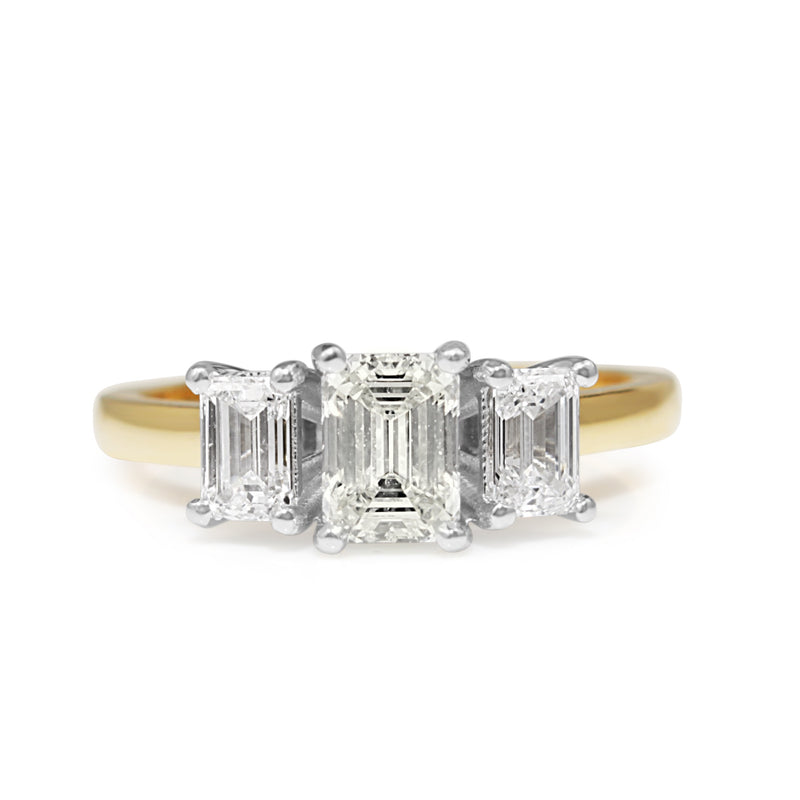 18ct Yellow and White Gold 3 Stone Emerald Cut Diamond Ring