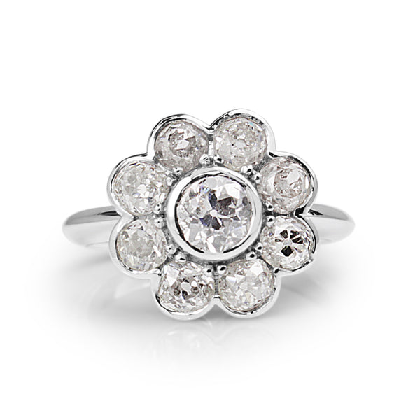 18ct White Gold Old Cut Diamond Daisy Ring