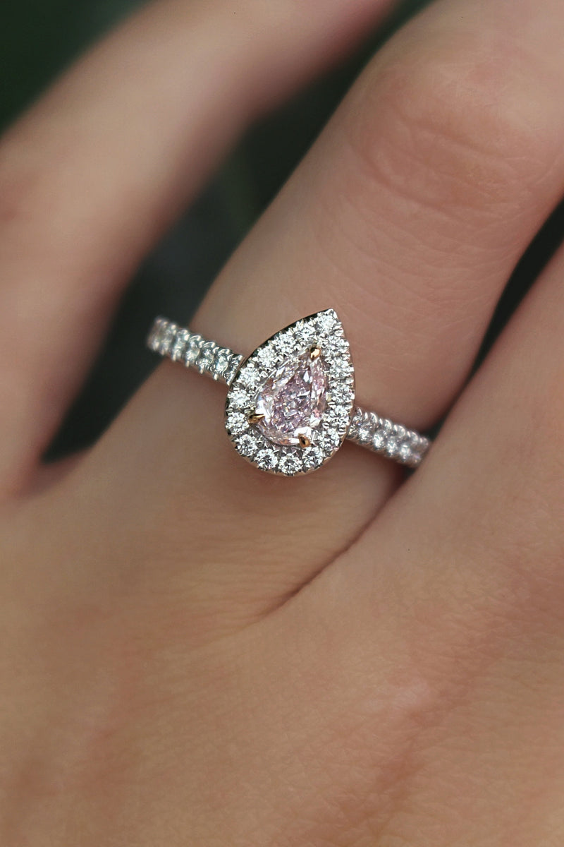 18ct White and Rose Gold Pink and White Diamond Pear Halo Ring
