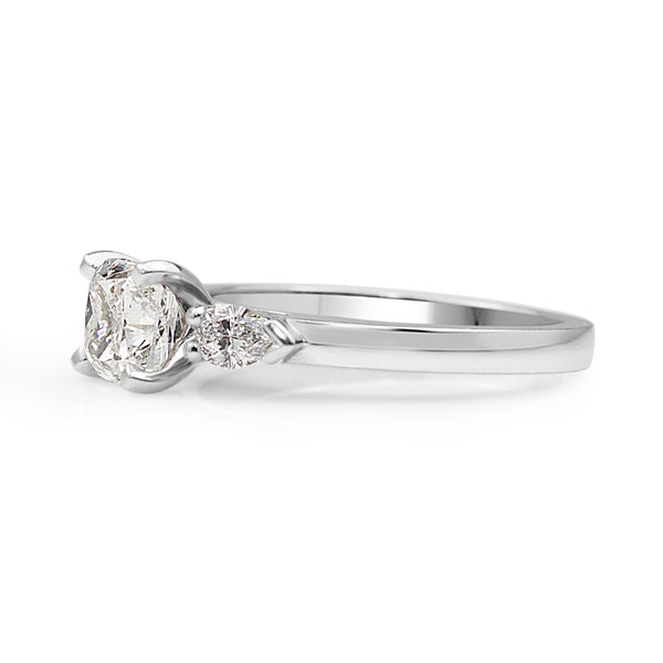 18ct White Gold Cushion and Pear Diamond 3 Stone Ring