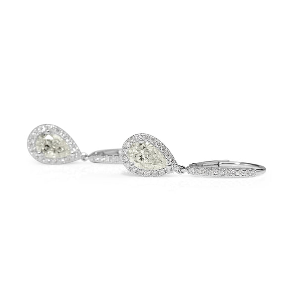 18ct White Gold Pear Halo Drop Earrings