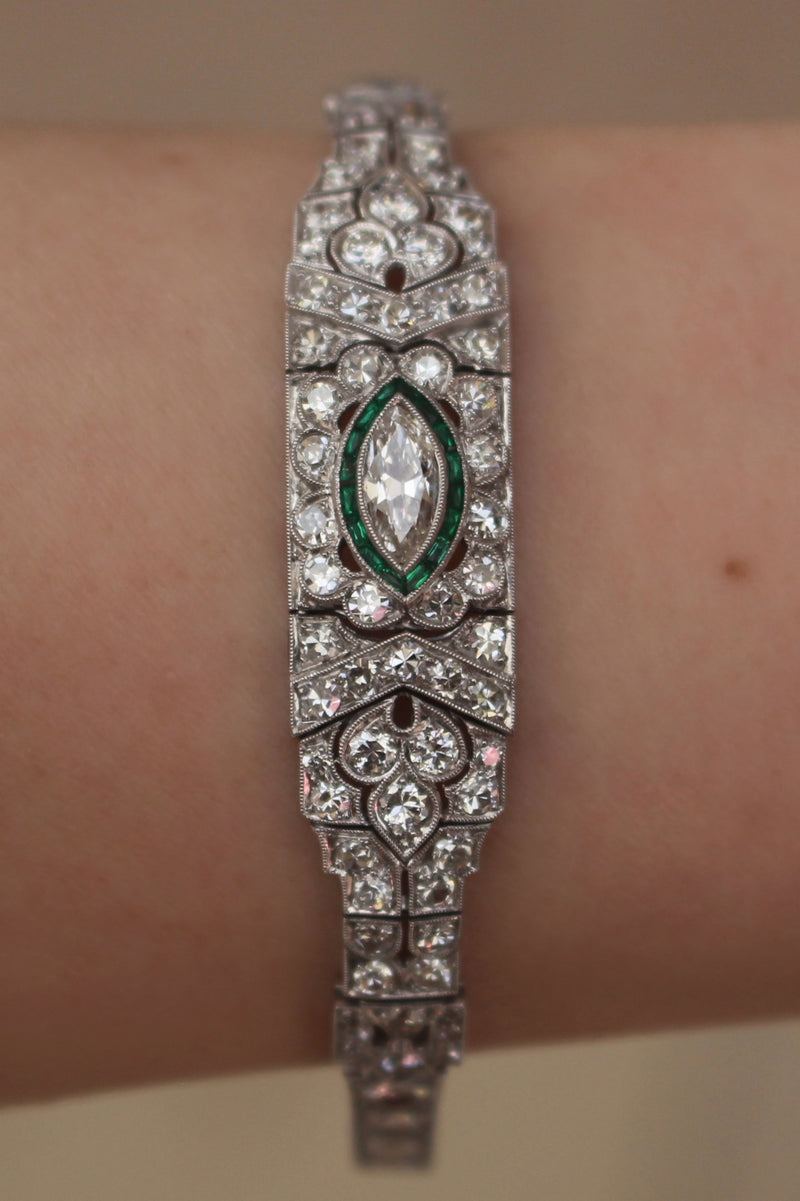 Platinum Art Deco Emerald and Diamond Bracelet