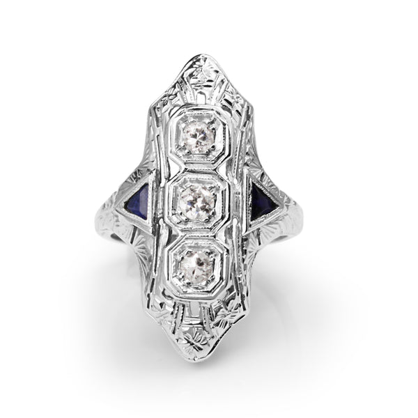 18ct White Gold Art Deco Diamond and Sapphire Ring